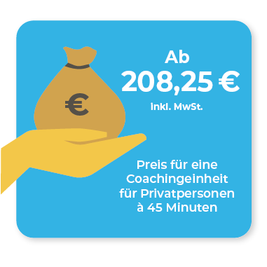 Grafik mit Preisinformation: Preis für eine Coachingeinheit für Privatpersonen á 45 Minuten kostet 208.25 Euro inklusive MwSt.