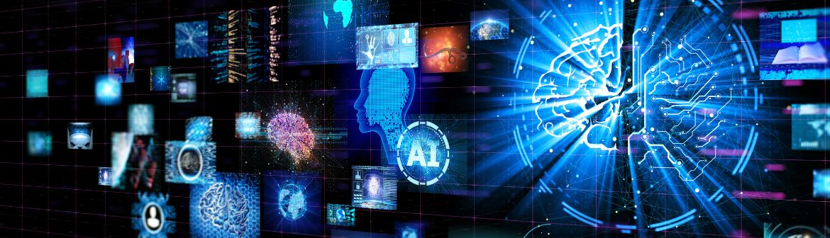 Ein modernes Büro mit mehreren Bildschirmen, auf denen KI-gestützte Analysen und Datenvisualisierungen zu sehen sind – symbolisiert den Einsatz von Künstlicher Intelligenz