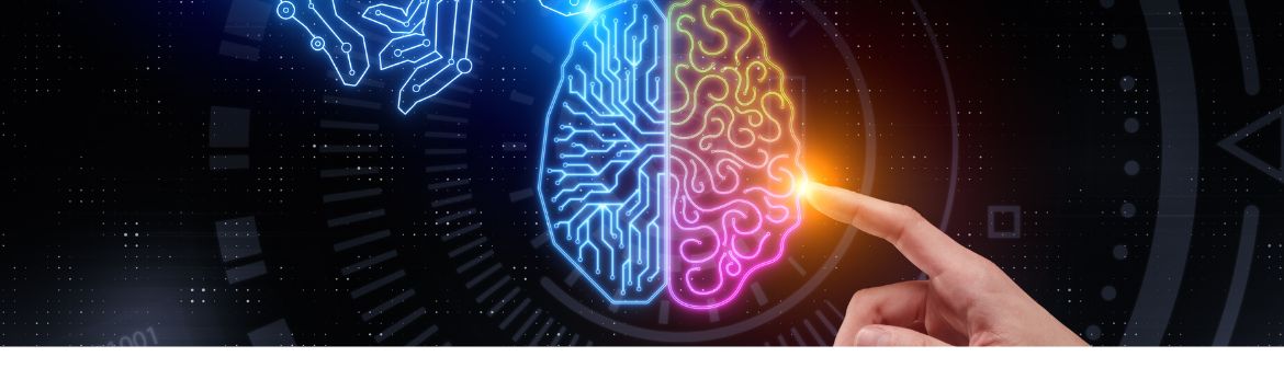 Visualisierung von Future Skills – neue Kompetenzen in der Arbeitswelt: Eine menschliche Hand berührt ein leuchtendes, digitales Gehirn, das zur Hälfte technologisch und zur Hälfte kreativ dargestellt ist – Symbol für die Verbindung von technologischem Know-how und sozialen Fähigkeiten in der Arbeitswelt der Zukunft